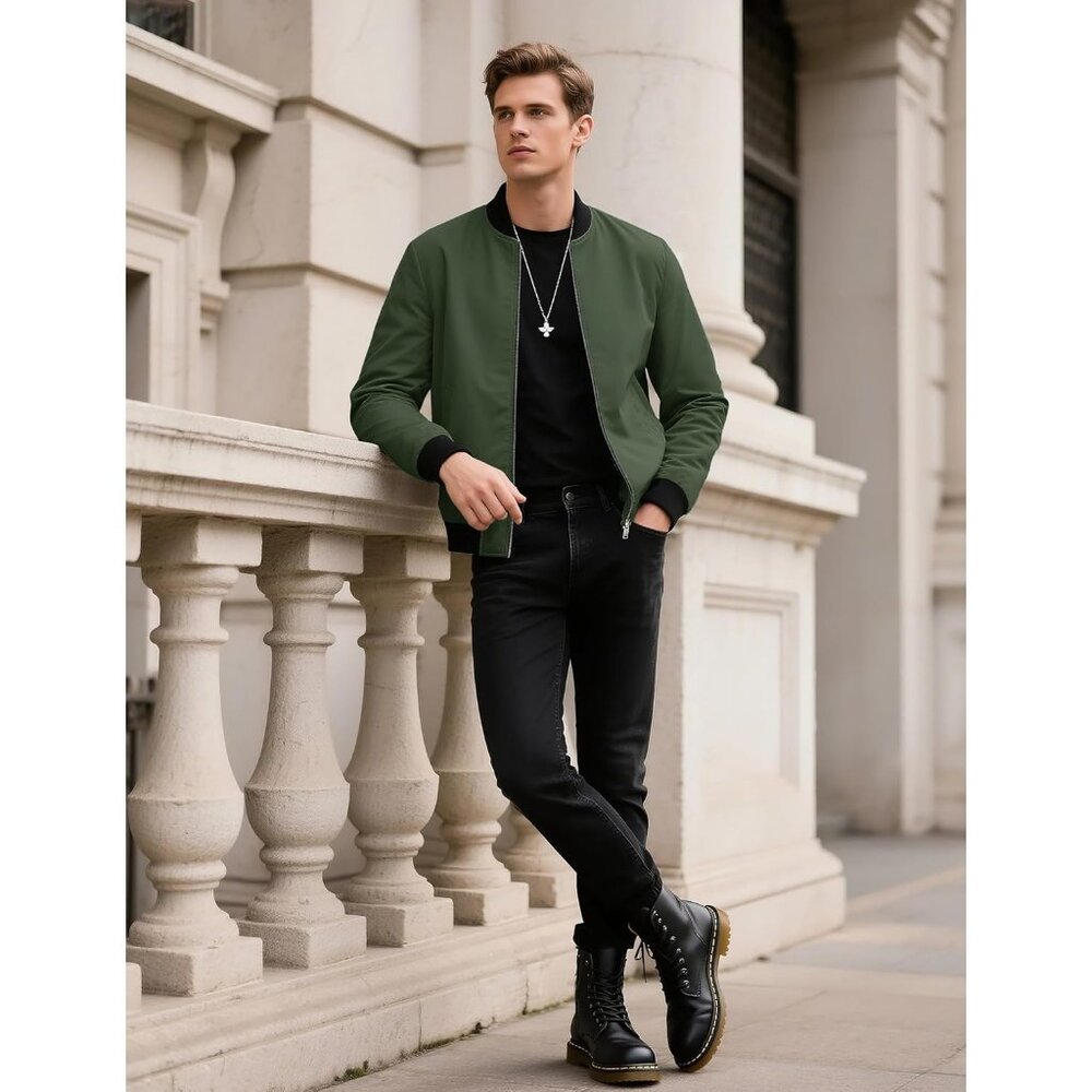 Men's Lightweight Stylish Casual Winter #07 Army Green Bomber Jacket Coats - Picture 3 of 8